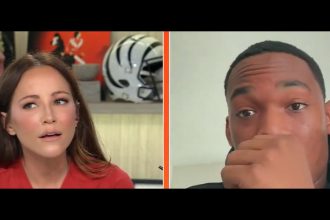 interviewer-hears-chirp-behind-nfl-player,-shocked-when-she-realizes-what-the-strange-noise-is